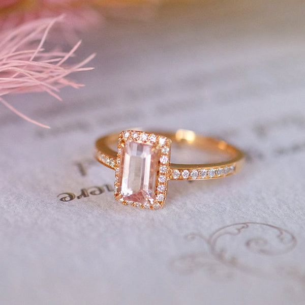 14K Solid Rose Gold Ring. Baguette Morganite Halo Eternity Ring. Halo Morganite Wedding Ring. Vintage Engagement Ring Anniversary Ring