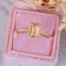 Load image into Gallery viewer, 14K Solid Rose Gold Ring. Baguette Morganite Halo Eternity Ring. Halo Morganite Wedding Ring. Vintage Engagement Ring Anniversary Ring
