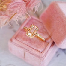 Load image into Gallery viewer, 14K Solid Rose Gold Ring. Baguette Morganite Halo Eternity Ring. Halo Morganite Wedding Ring. Vintage Engagement Ring Anniversary Ring
