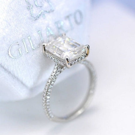 5ct Emerald Cut Moissanite Ring, 5 Carat Emerald Cut Moissanite Engagement Ring, Moissanite Pave Accent Stones Hidden Halo