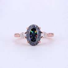 Load image into Gallery viewer, 14K Solid Gold Ring. 3CT Oval Dark Gray Blue Moissanite Wedding Ring. Three Stone Moissanite Engagement Ring .Anniversary Ring. Promise Ring
