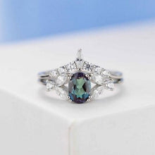 Load image into Gallery viewer, 14K Solid White Gold Dainty Alexandrite Ring, Oval Cut Alexandrite Ring Set, White Gold Ring Unique Vintage Ring

