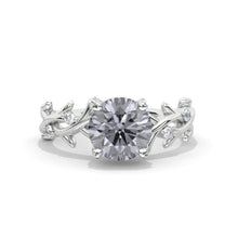 Load image into Gallery viewer, 2ct Grey blue Moissanite engagement ring rose gold round shaped ring Vintage art deco ring unique bridal ring anniversary leaf promise ring

