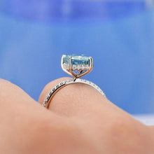 Load image into Gallery viewer, 3Ct Blue Moissanite Engagement Ring, Solitaire Radiant Cut Moissanite Engagement Ring, Moissanite Pave Accents Stones Hidden Halo Ring

