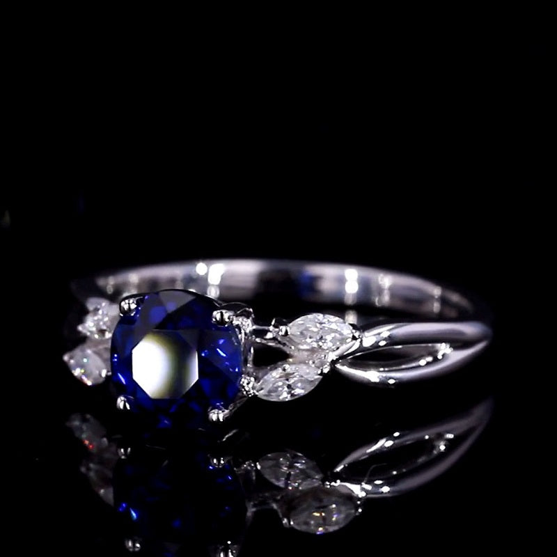 2Ct Round Cut Sapphire Vintage Engagement Ring, Royal blue Sapphire Engagement Ring, Marquise Side Accents Stones 14K White Gold Ring