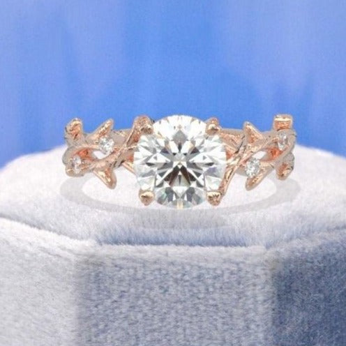 2ct DEF Moissanite engagement ring rose gold round shaped ring Vintage art deco ring unique bridal ring anniversary leaf promise ring