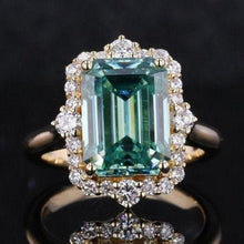 Load image into Gallery viewer, 3Ct Green Moissanite Engagement Ring, Solitaire Emerald Radiant Cut Moissanite Engagement Ring, Moissanite Halo Engagement Gold Ring
