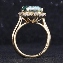 Load image into Gallery viewer, 3Ct Green Moissanite Engagement Ring, Solitaire Emerald Radiant Cut Moissanite Engagement Ring, Moissanite Halo Engagement Gold Ring
