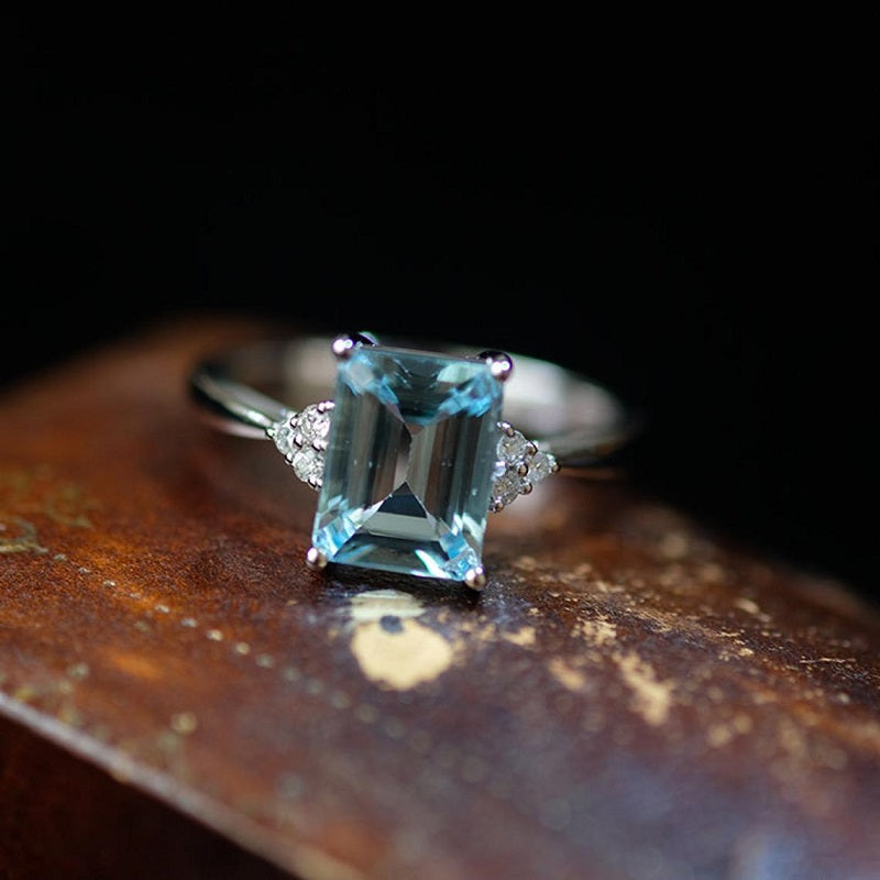 3Ct Emerald cut Aquamarine ring, Aquamarine solitaire ring, natural aquamarine ring, genuine aquamarine emerald cut vintage ring