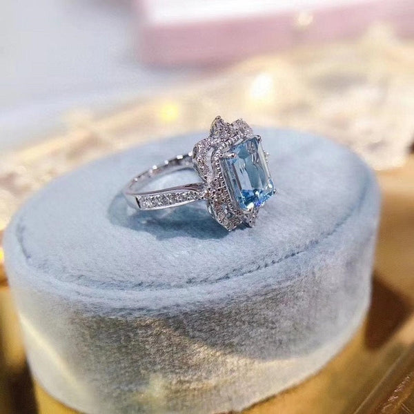 3Ct Emerald cut Halo Aquamarine ring, Aquamarine solitaire ring, natural aquamarine ring, genuine aquamarine emerald cut vintage ring