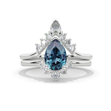 Load image into Gallery viewer, 14K Solid Gold Ring 2CT Pear Alexandrite Moissanite Wedding Ring Moissanite Double Halo Engagement Ring Anniversary Eternity Gold Ring Set
