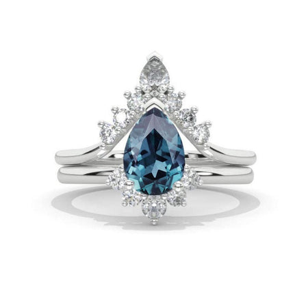 14K Solid Gold Ring 2CT Pear Alexandrite Moissanite Wedding Ring Moissanite Double Halo Engagement Ring Anniversary Eternity Gold Ring Set