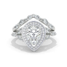 Load image into Gallery viewer, 2CT Pear shape Moissanite engagement ring set, White gold, halo vintage moissanite band, V band Vintage anniversary ring set
