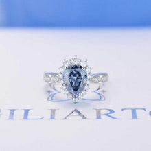 Load image into Gallery viewer, Pear 9x7 Blue Halo Engagement Ring, Blue Promise Ring For Her, Blue Moissanite Wedding Ring, Pear Moissanite Engagement Ring, 14K Gold

