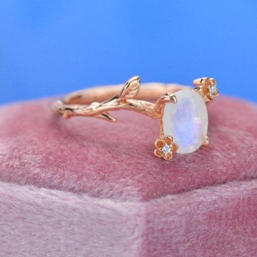 Rose Gold Plated Silver Dainty Natural Moonstone Leaf Ring, 2ct Oval Moonstone Twig Ring, Rose Gold Ring Unique Curved Vintage Floral Ring