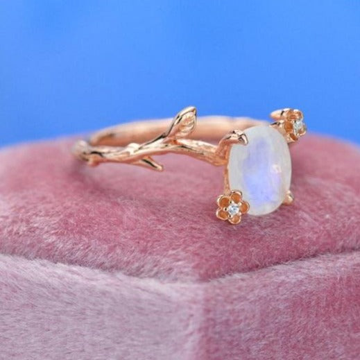 Rose Gold Plated Silver Dainty Natural Moonstone Leaf Ring, 2ct Oval Moonstone Twig Ring, Rose Gold Ring Unique Curved Vintage Floral Ring