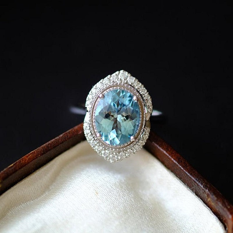 3Ct Oval cut Aquamarine ring, Aquamarine solitaire ring, natural aquamarine ring, genuine aquamarine Oval Shape vintage halo ring