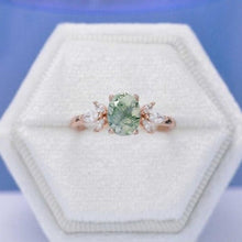 Load image into Gallery viewer, Vintage Oval Moss Agate Ring Cluster Green Moss Agate Moissanite Wedding Engagement Ring soild gold Art Deco Unique anniversary ring
