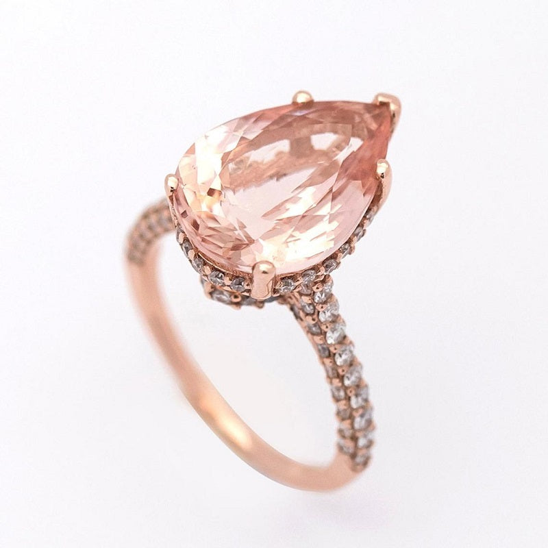 5Ct Pear Morganite Engagement Ring, Solitaire Pear Cut Morganite Engagement Ring, Pear Accents Stones, Hidden Halo Ring