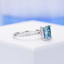 Load image into Gallery viewer, 3Ct Blue Moissanite Engagement Ring, Solitaire Radiant Cut Moissanite Engagement Ring, Moissanite Pave Accents Stones Hidden Halo Ring
