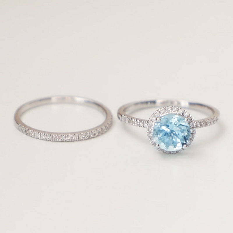 Round Halo Aquamarine ring set, Aquamarine Halo ring, natural aquamarine ring, genuine aquamarine round cut vintage ring set