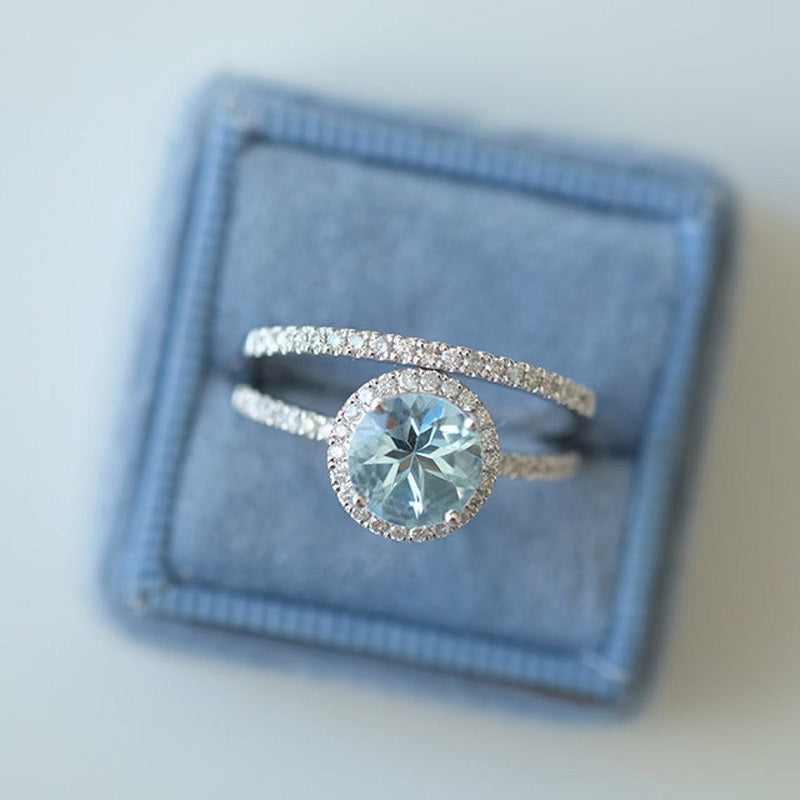 Round Halo Aquamarine ring set, Aquamarine Halo ring, natural aquamarine ring, genuine aquamarine round cut vintage ring set