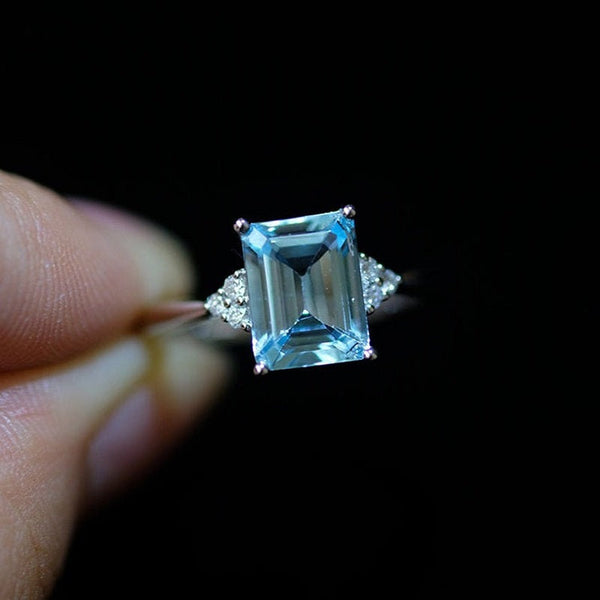 3Ct Emerald cut Aquamarine ring, Aquamarine solitaire ring, natural aquamarine ring, genuine aquamarine emerald cut vintage ring