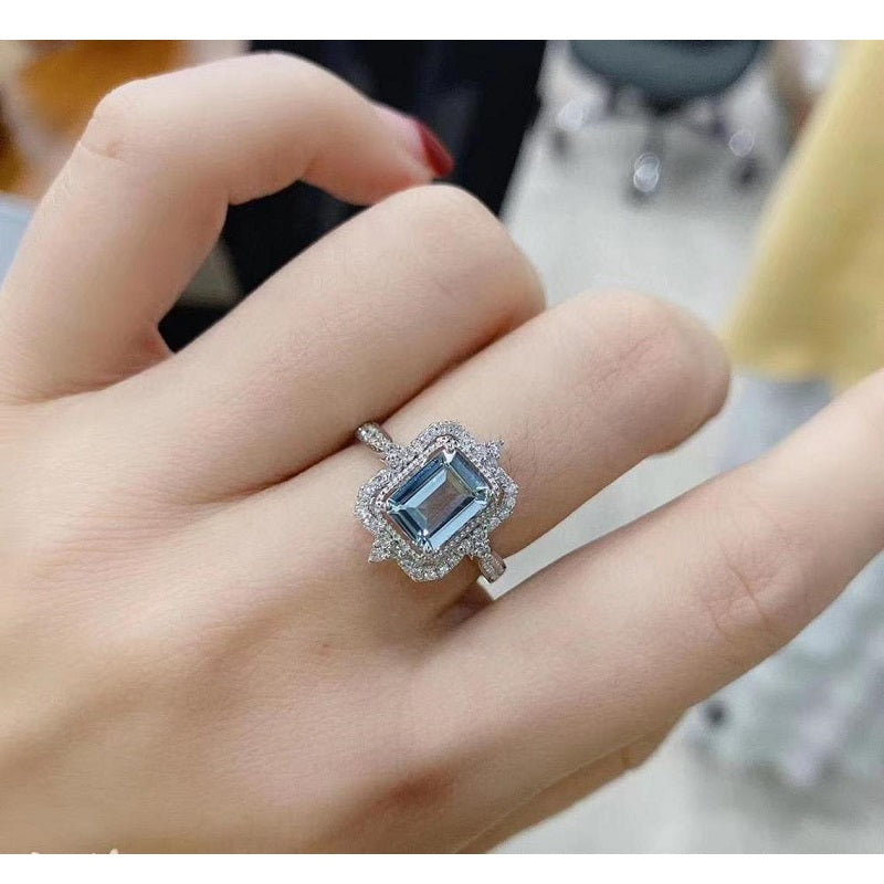 3Ct Emerald cut Halo Aquamarine ring, Aquamarine solitaire ring, natural aquamarine ring, genuine aquamarine emerald cut vintage ring