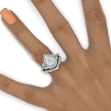 Load image into Gallery viewer, 2CT Pear shape Moissanite engagement ring set, White gold, halo vintage moissanite band, V band Vintage anniversary ring set
