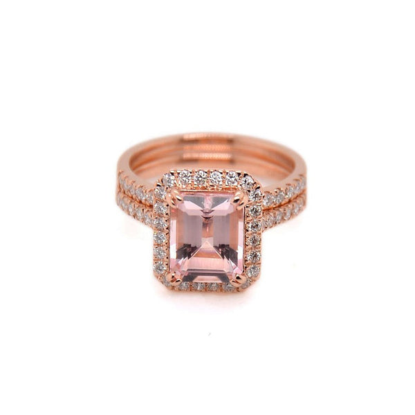 3Ct Emerald cut Halo Morganite ring, Morganite ring, Vitage natural Morganite ring, genuine morganite emerald cut vintage halo ring Set