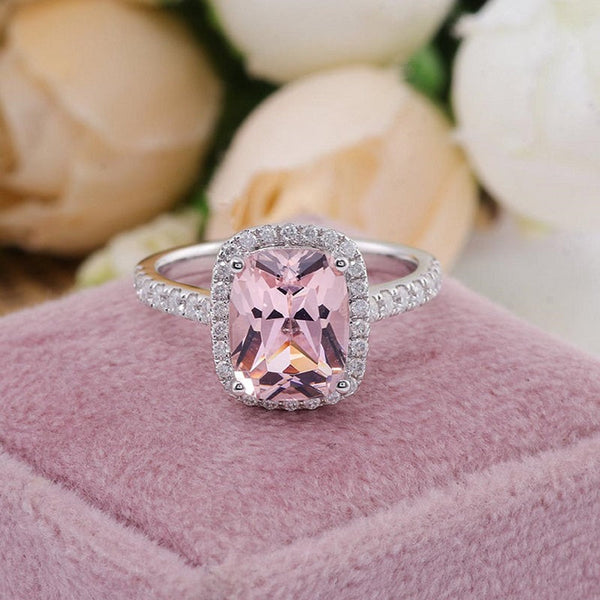 2 Carat Morganite Ring, Morganite Engagement Ring, Gold Morganite Ring, Elongated Cushion Cut Engagement Ring, Halo Morganite Ring