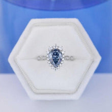 Load image into Gallery viewer, Pear 9x7 Blue Halo Engagement Ring, Blue Promise Ring For Her, Blue Moissanite Wedding Ring, Pear Moissanite Engagement Ring, 14K Gold
