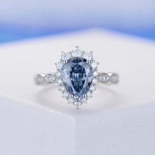 Load image into Gallery viewer, Pear 9x7 Blue Halo Engagement Ring, Blue Promise Ring For Her, Blue Moissanite Wedding Ring, Pear Moissanite Engagement Ring, 14K Gold
