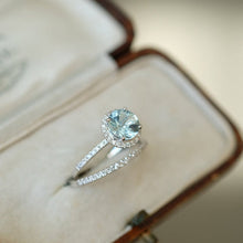 Load image into Gallery viewer, Round Halo Aquamarine ring set, Aquamarine Halo ring, natural aquamarine ring, genuine aquamarine round cut vintage ring set

