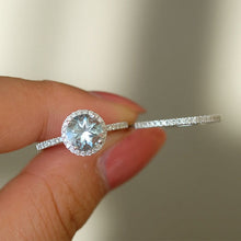 Load image into Gallery viewer, Round Halo Aquamarine ring set, Aquamarine Halo ring, natural aquamarine ring, genuine aquamarine round cut vintage ring set
