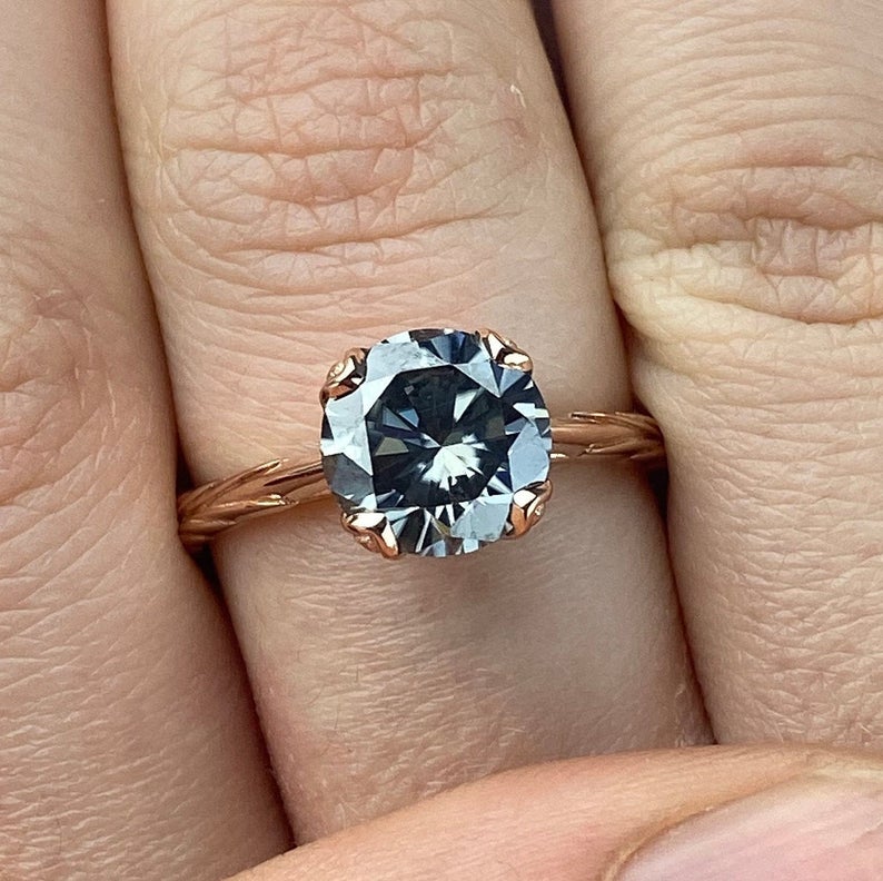 2 Carat Dark Gray Blue Moissanite Gold Engagement Ring