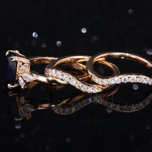Load image into Gallery viewer, 2Ct Cushion Cut Sapphire Vintage Engagement Ring, Cushion Sapphire Engagement Ring, Marquise Side Accents Stones 14K Rose Gold Ring Set
