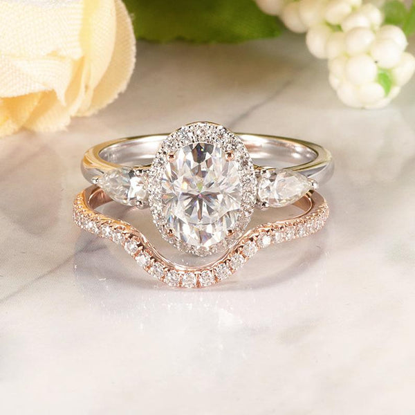 14K  Gold 1.5 Carat Oval Moissanite Halo Engagement Ring Eternity Ring Set