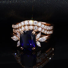 Load image into Gallery viewer, 2Ct Cushion Cut Sapphire Vintage Engagement Ring, Cushion Sapphire Engagement Ring, Marquise Side Accents Stones 14K Rose Gold Ring Set
