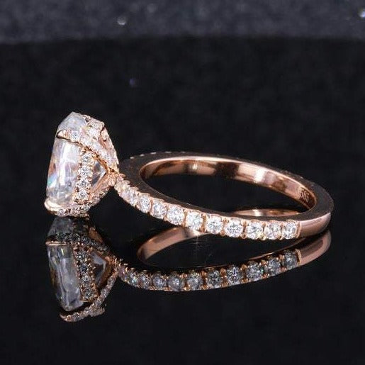 2 Carat Moissanite Diamond Oval Cut Hidden Halo Rose Gold Engagement  Ring