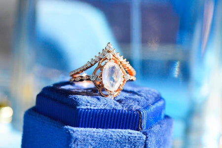 Rose Gold Plated Silver Dainty Natural Moonstone Ring Set, 2ct Oval Cut Moonstone Ring Set, Rose Gold Ring Unique Curved Marquise Cut Ring