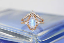 Load image into Gallery viewer, Rose Gold Plated Silver Dainty Natural Moonstone Ring Set, 2ct Oval Cut Moonstone Ring Set, Rose Gold Ring Unique Curved Marquise Cut Ring

