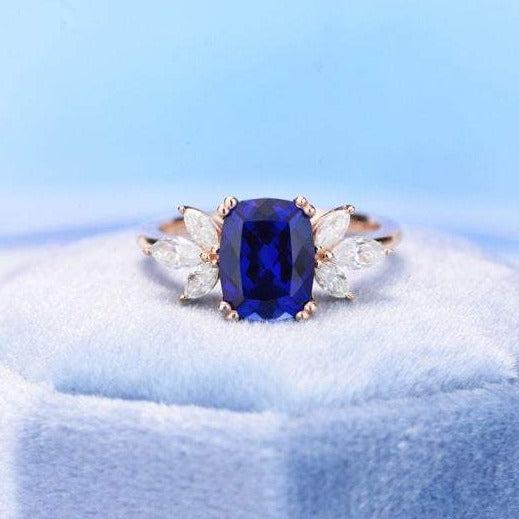2Ct Cushion Cut Sapphire Vintage Engagement Ring, Cushion Sapphire Engagement Ring, Marquise Side Accents Stones 14K Rose Gold Ring