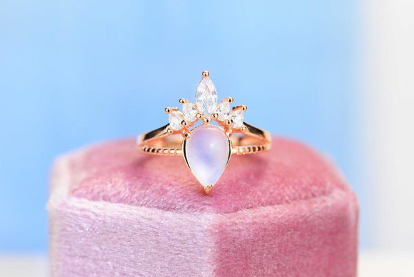 Rose Gold Plated Silver Dainty Natural Moonstone Ring, 2ct Pear Cut Moonstone Ring, Rose Gold Ring Unique Curved Marquise Cut Ring