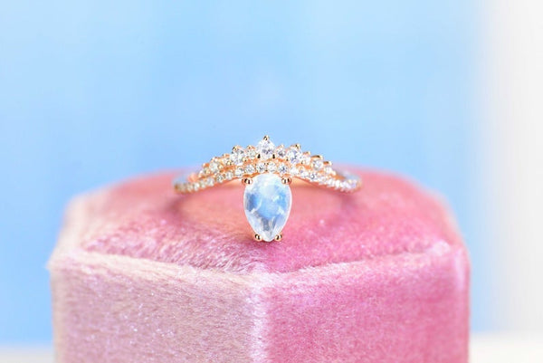 Rose Gold Plated Silver Dainty Natural Moonstone Ring, 1ct Pear Cut Moonstone Ring