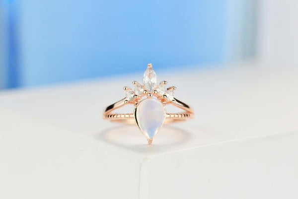 Rose Gold Plated Silver Dainty Natural Moonstone Ring, 2ct Pear Cut Moonstone Ring, Rose Gold Ring Unique Curved Marquise Cut Ring
