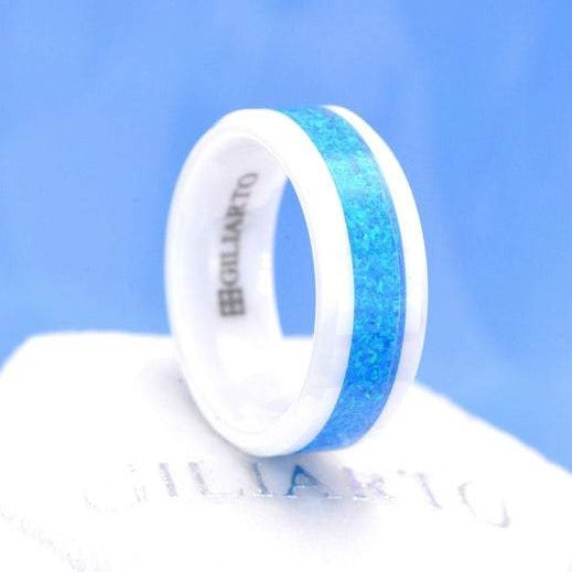 Australian Blue Fire Opal Ceramic Ring For Her For Him, Couples Promise Ring, Blue Opal White Ceramic Ring, Cool Opal Giliarto Ring For Him