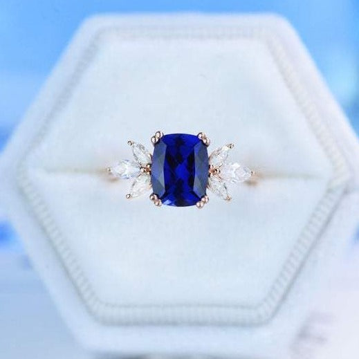 2Ct Cushion Cut Sapphire Vintage Engagement Ring, Cushion Sapphire Engagement Ring, Marquise Side Accents Stones 14K Rose Gold Ring