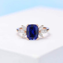 Load image into Gallery viewer, 2Ct Cushion Cut Sapphire Vintage Engagement Ring, Cushion Sapphire Engagement Ring, Marquise Side Accents Stones 14K Rose Gold Ring
