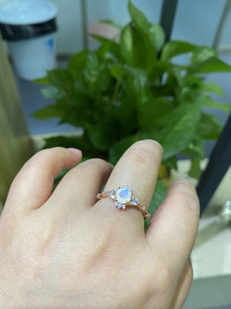 Rose Gold Plated Silver Dainty Natural Moonstone Ring, 1ct Round Cut Moonstone Ring